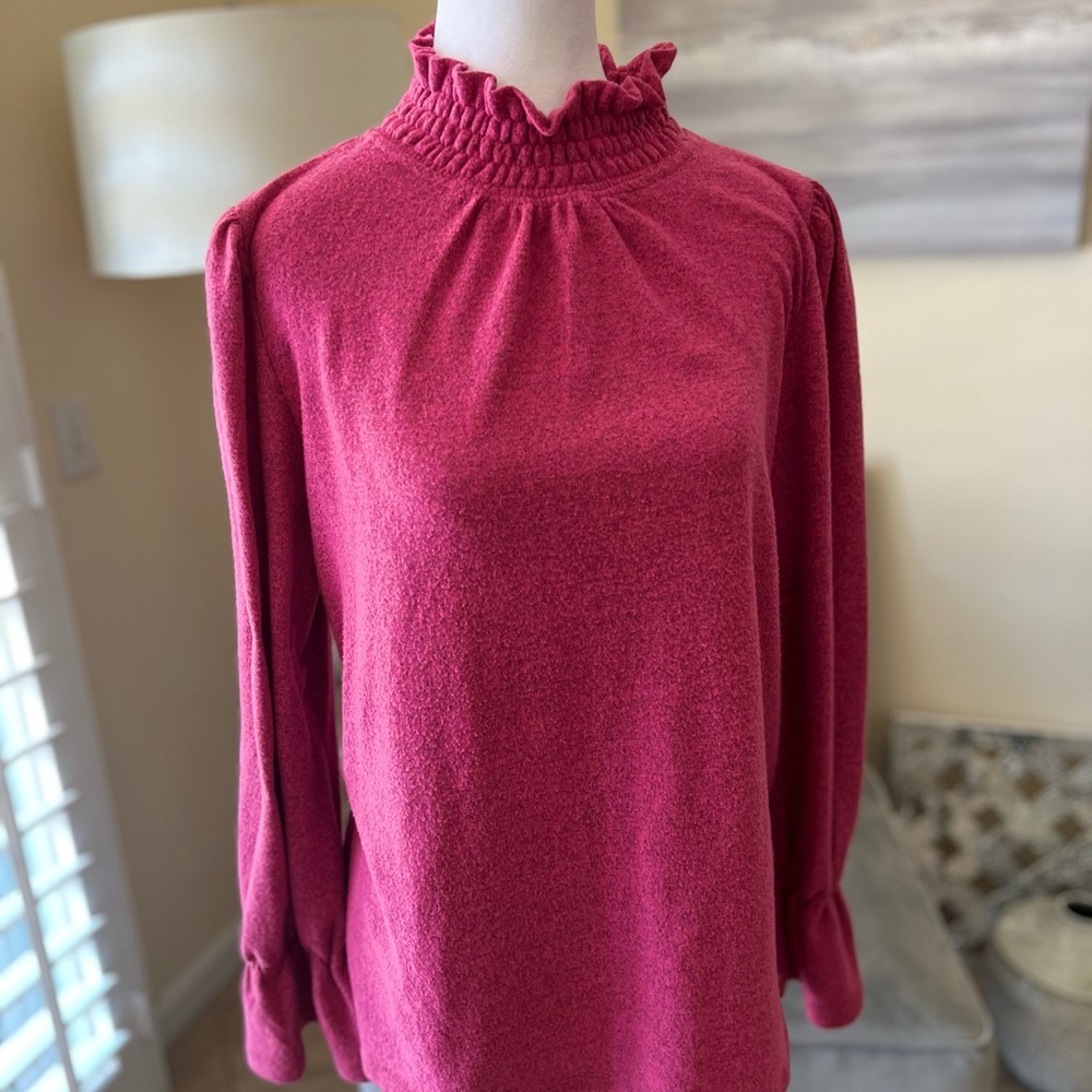 NWOT DG2 by Diane Gilman Fuchsia Ruffle Neck Sweater
